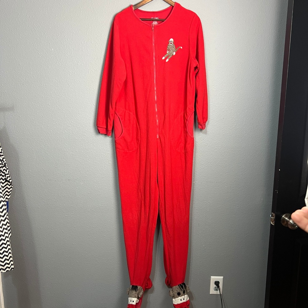 Nick & Nora Sock Warm Monkey Footed‎ Pajamas Red Fleece One Piece Jumpsuit XL